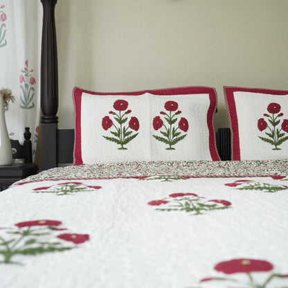 Red Flora Hand Block Printed Quilted Bedspread