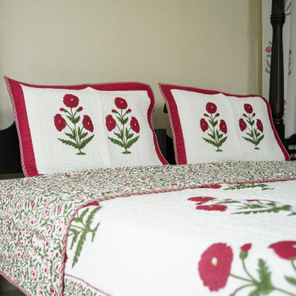 Red Flora Hand Block Printed Quilted Bedspread