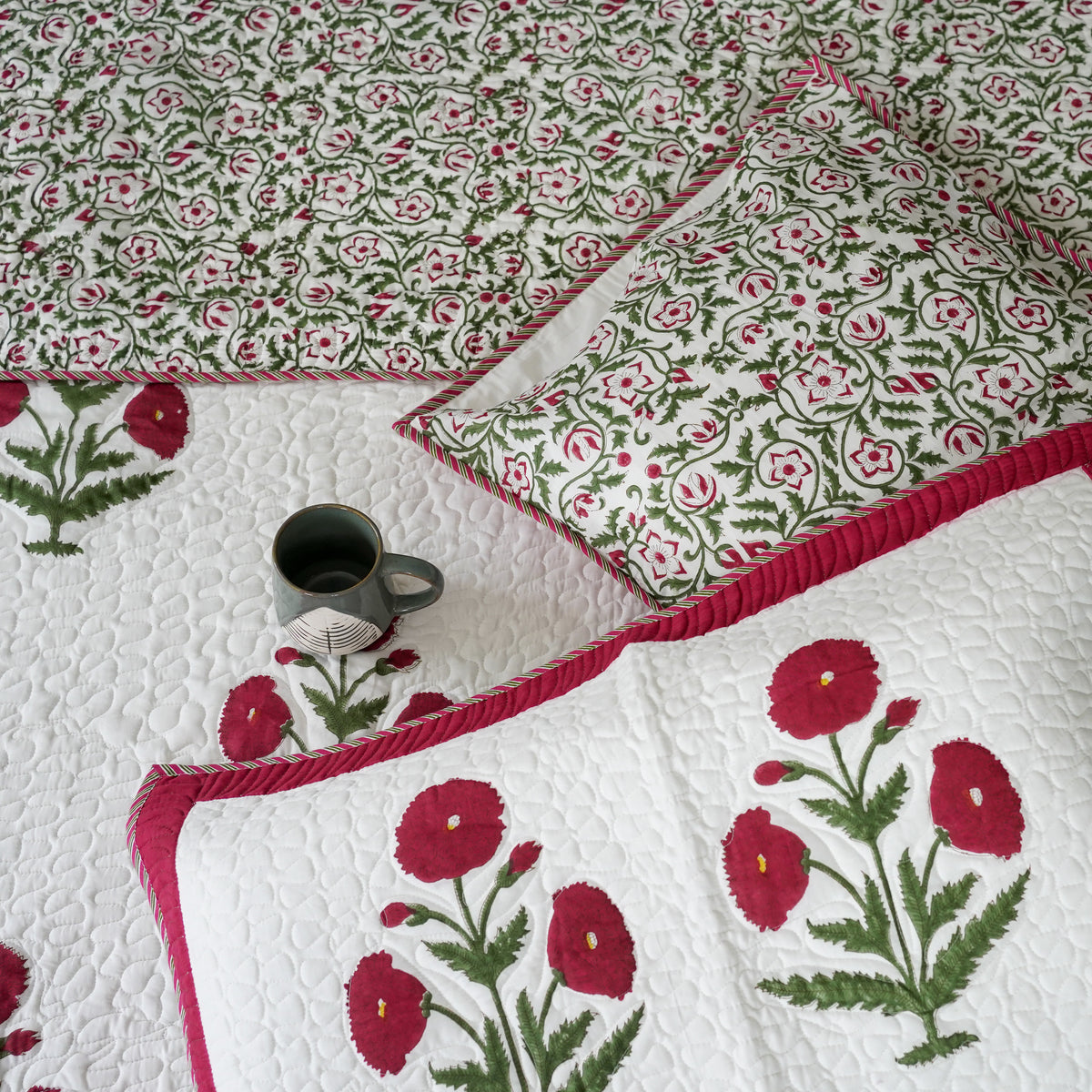 Red Flora Hand Block Printed Quilted Bedspread