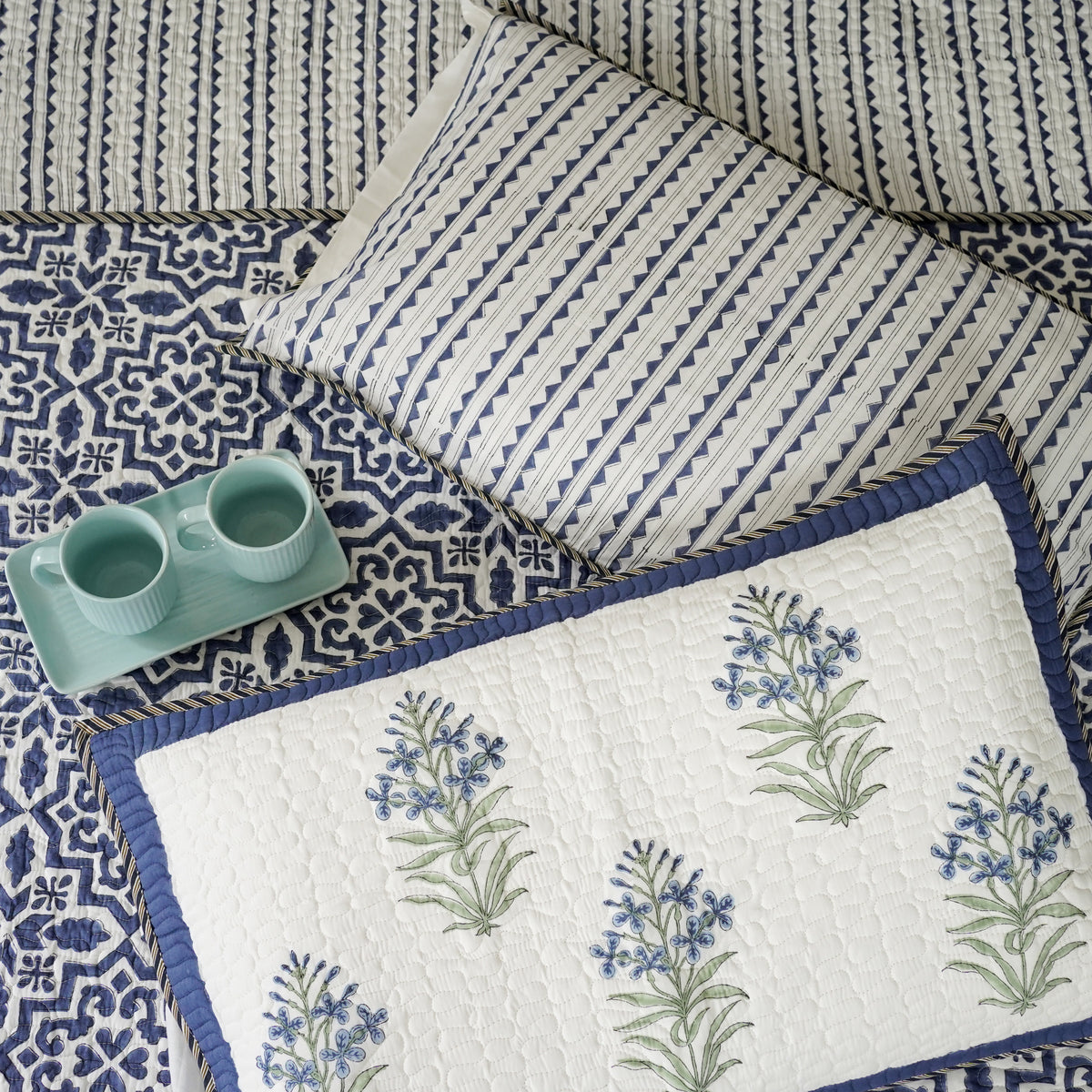 Tula Blue Hand Block Printed Quilted Bedspread