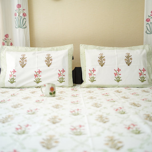 Green jaal floral handblocked Bedsheet king