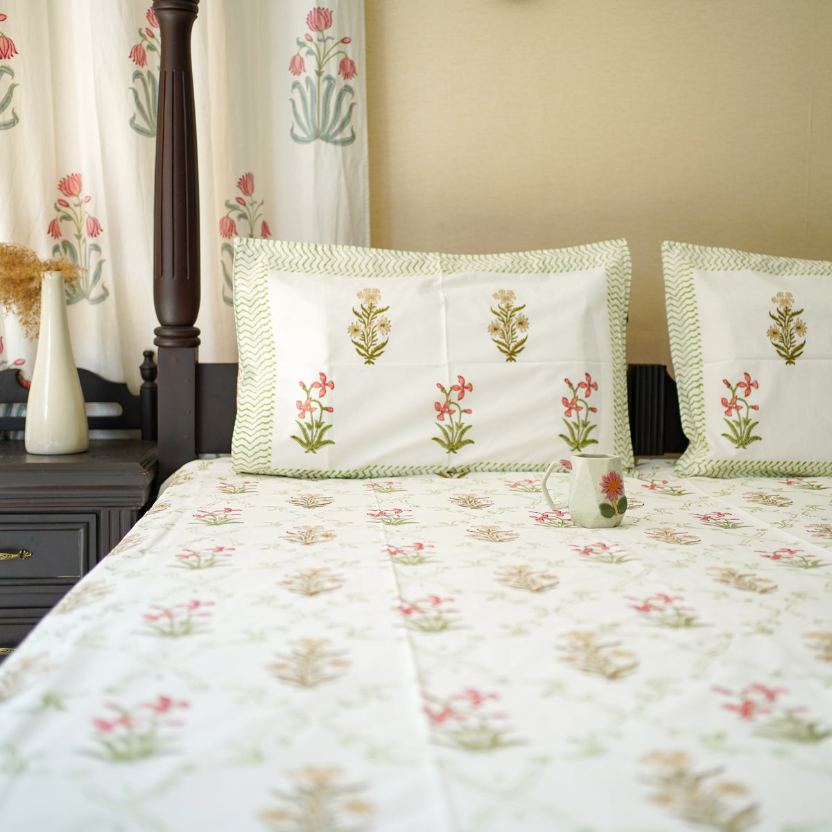 Green jaal floral handblocked Bedsheet king