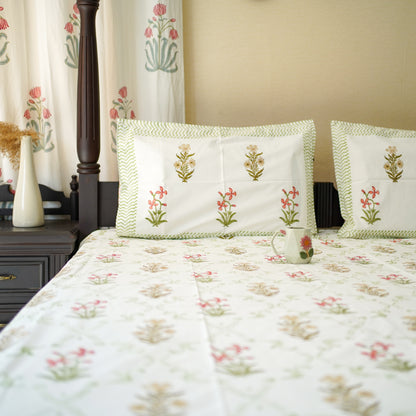 Green jaal floral handblocked Bedsheet king