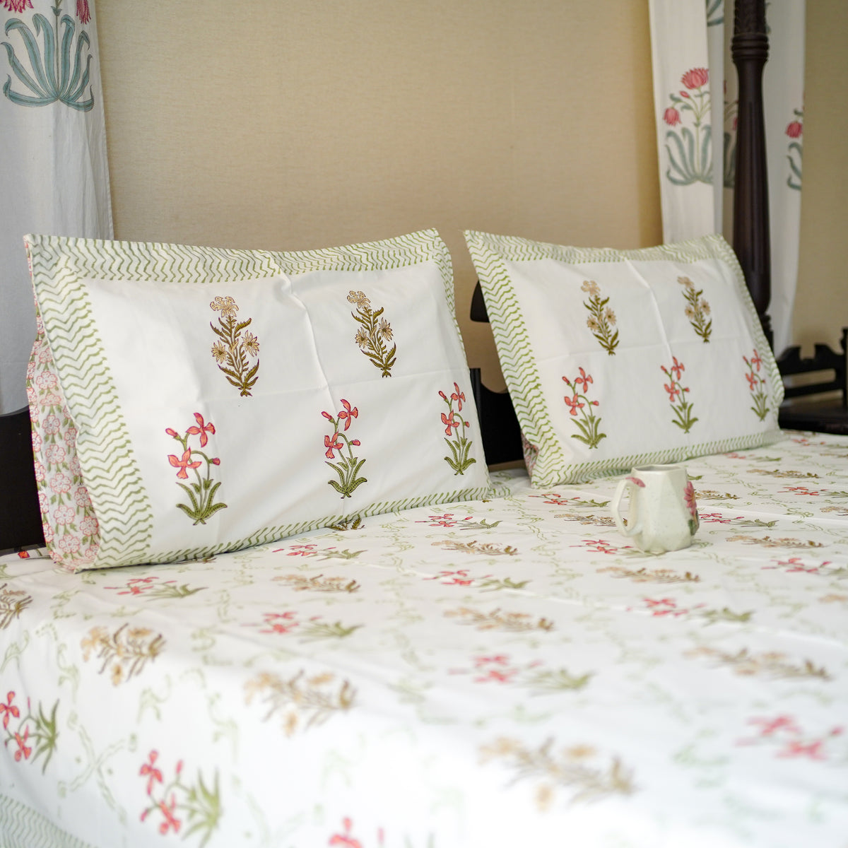 Green jaal floral handblocked Bedsheet king