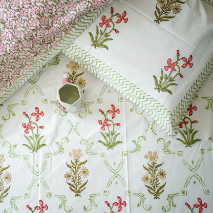 Green jaal floral handblocked Bedsheet king