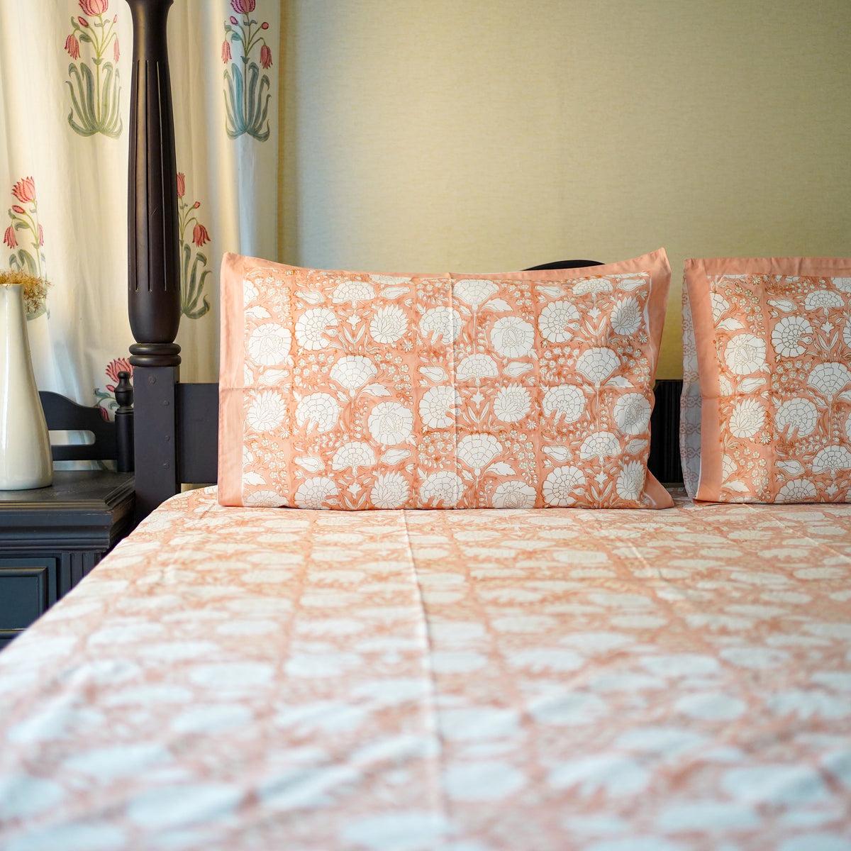 Peach flora handblocked Bedsheet king
