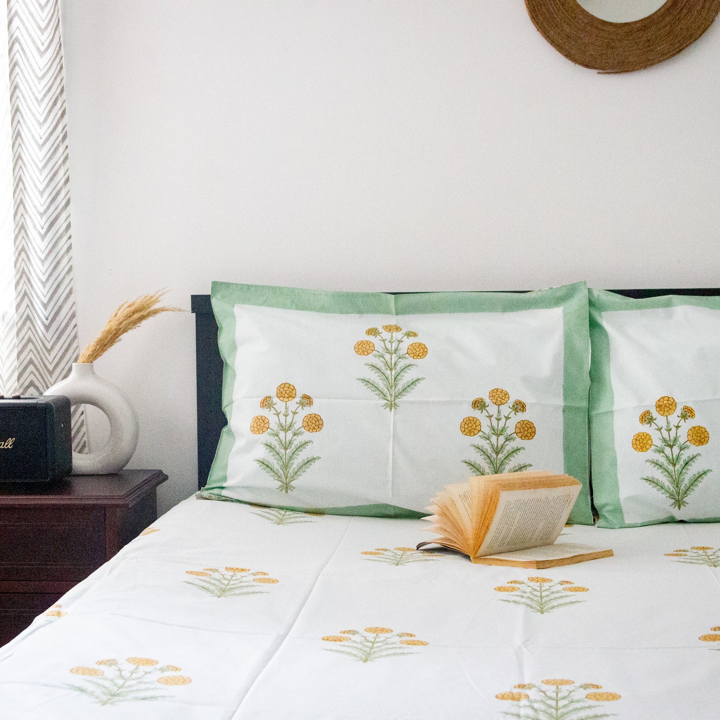 Tropical Green Hand Block Printed Bed Sheets