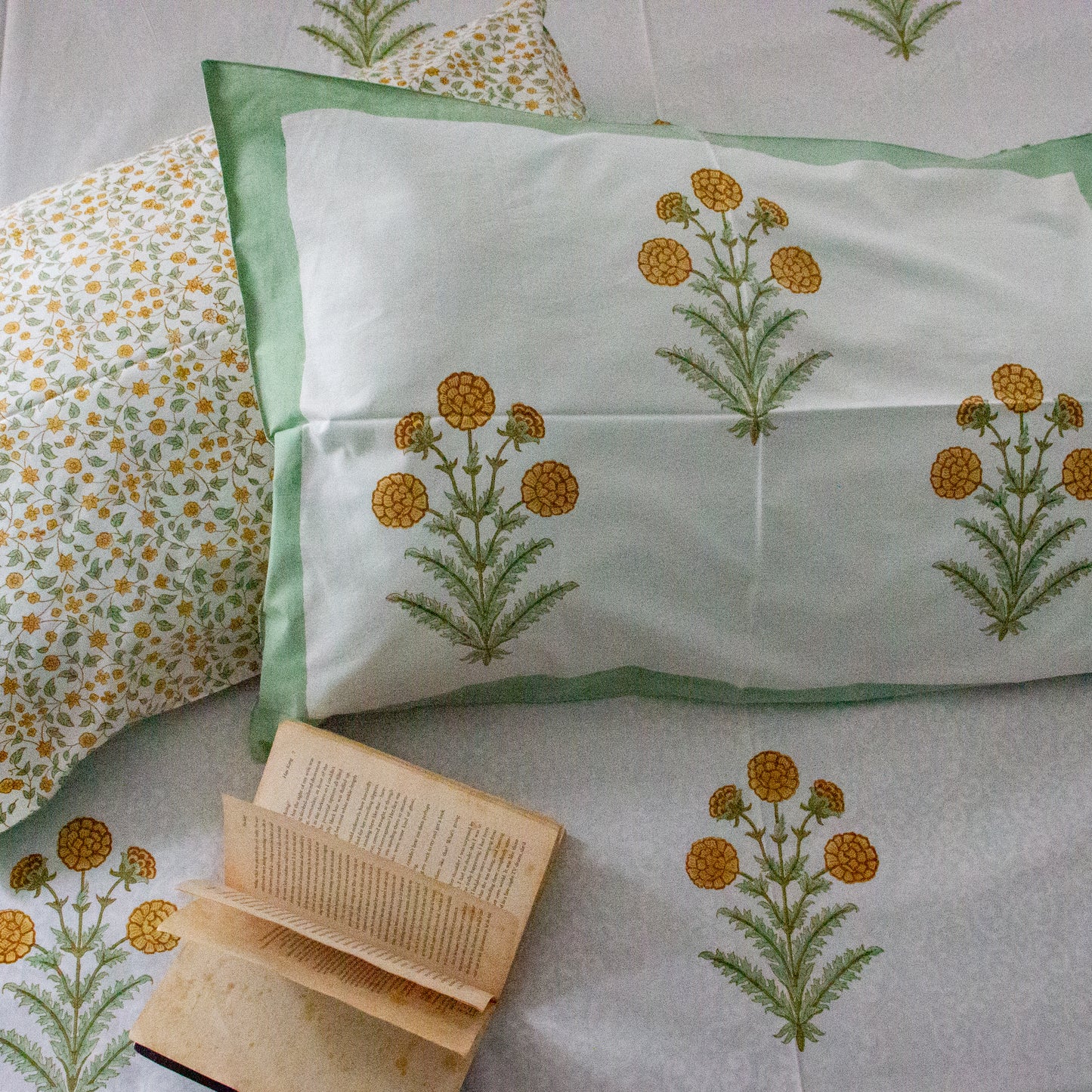 Tropical Green Hand Block Printed Bed Sheets