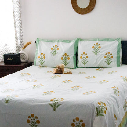 Tropical Green Hand Block Printed Bed Sheets