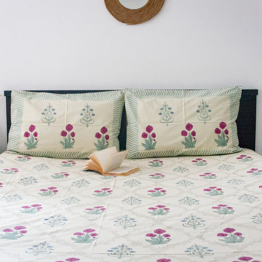 Wine Camellia Hand Block Printed Beige Bed Sheet