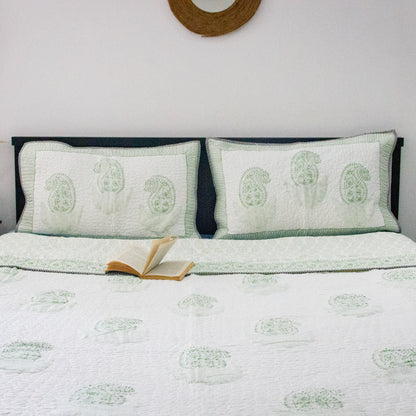Canopy Green Hand Block Printed Quilted Bed Cover