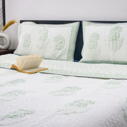 Canopy Green Hand Block Printed Quilted Bed Cover