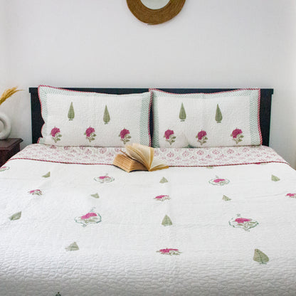 Botanical Bliss Hand Block Printed Quilted Bed Cover
