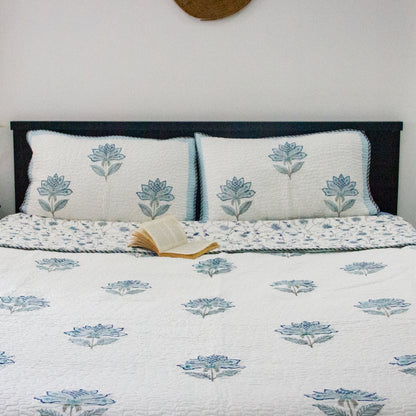 Blue Lotus Hand Block Printed Quilted Bed Covers