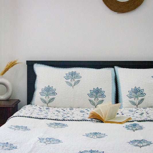 Blue Lotus Hand Block Printed Quilted Bed Covers