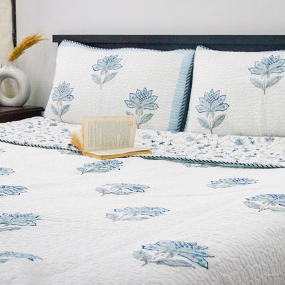 Blue Lotus Hand Block Printed Quilted Bed Covers