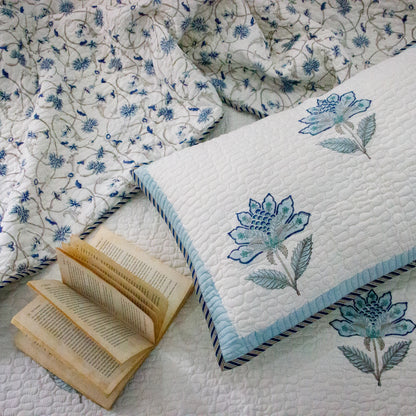 Blue Lotus Hand Block Printed Quilted Bed Covers