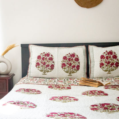 Cranberry Hand Block Printed Quilted Bed Covers