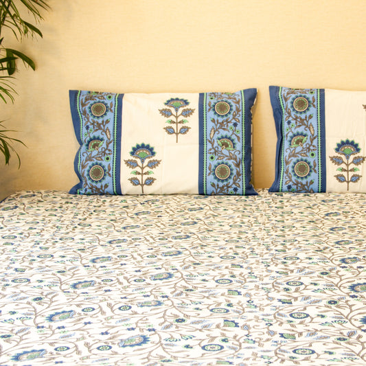 Blue Floral Printed Bed Sheet