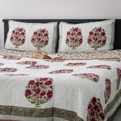 Cranberry Hand Block Printed Quilted Bed Covers