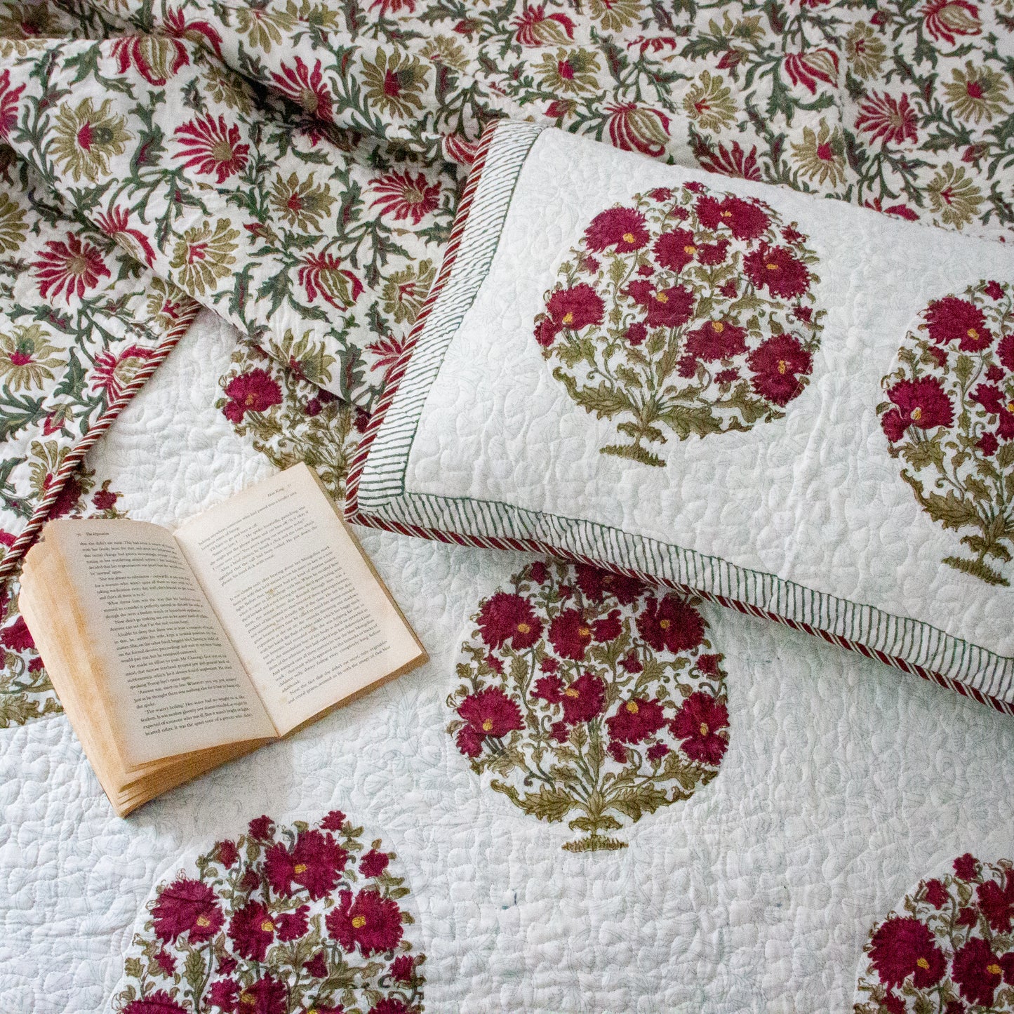 Cranberry Hand Block Printed Quilted Bed Covers