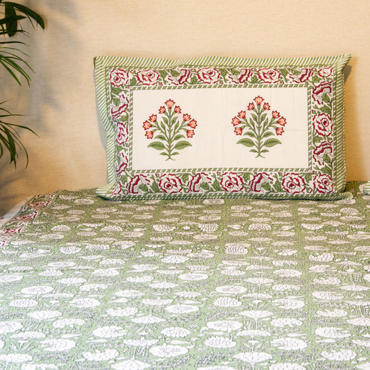 Green Floral Printed Bed Sheet