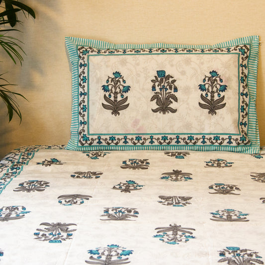 Tropical Blue Self Printed Floral Bed Sheet