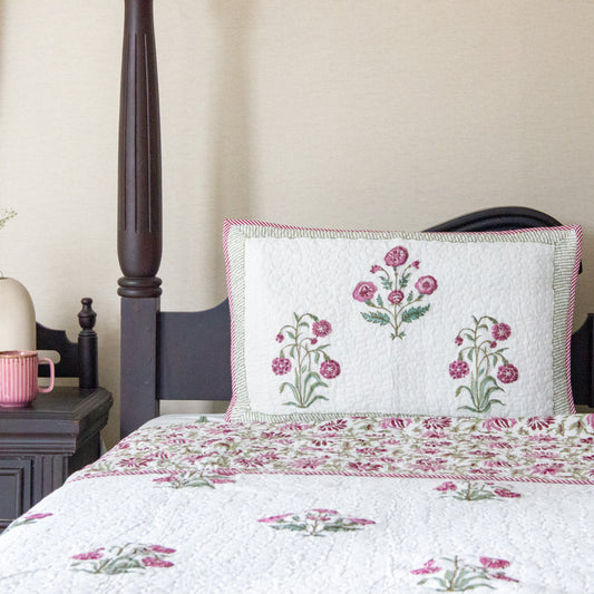 Hibiscus Hand Block Printed Quilted Bedspread