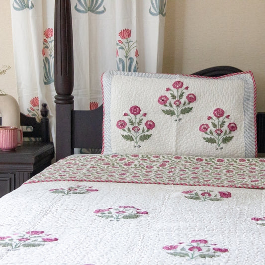 Pink Floris Hand Block Printed Quilted Bedspread