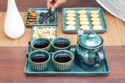 Forest Green Ceramic Tea Cup Set with Snack Platter