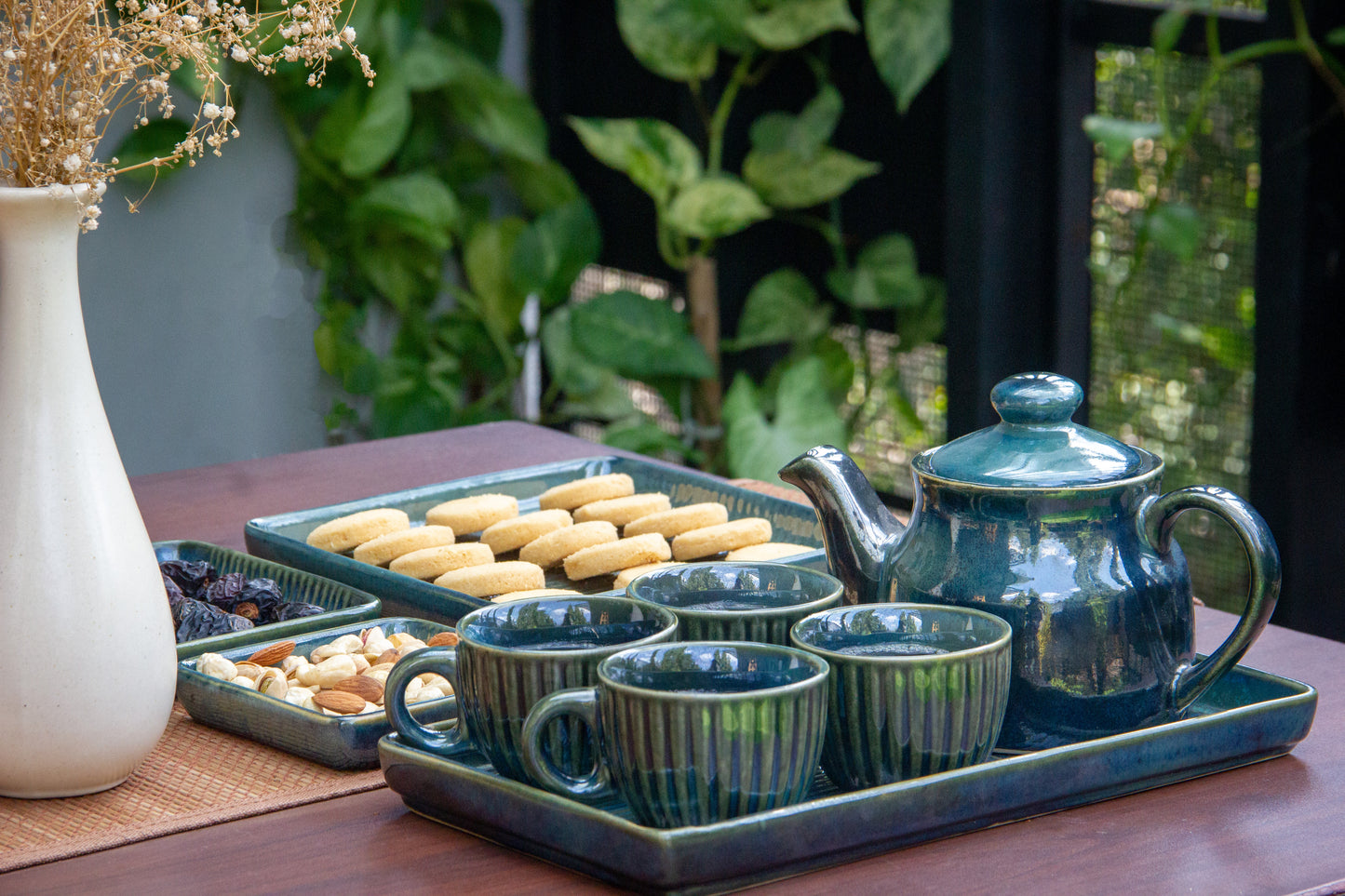 Forest Green Ceramic Tea Cup Set with Snack Platter