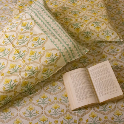 Daisy Hand Block Printed Beige Bed Sheet