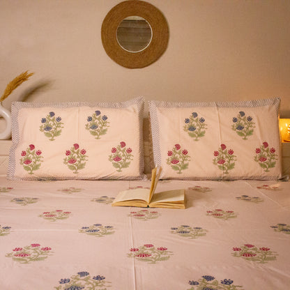 Azure Blossom Hand Block Printed Pink Base Bed Sheet