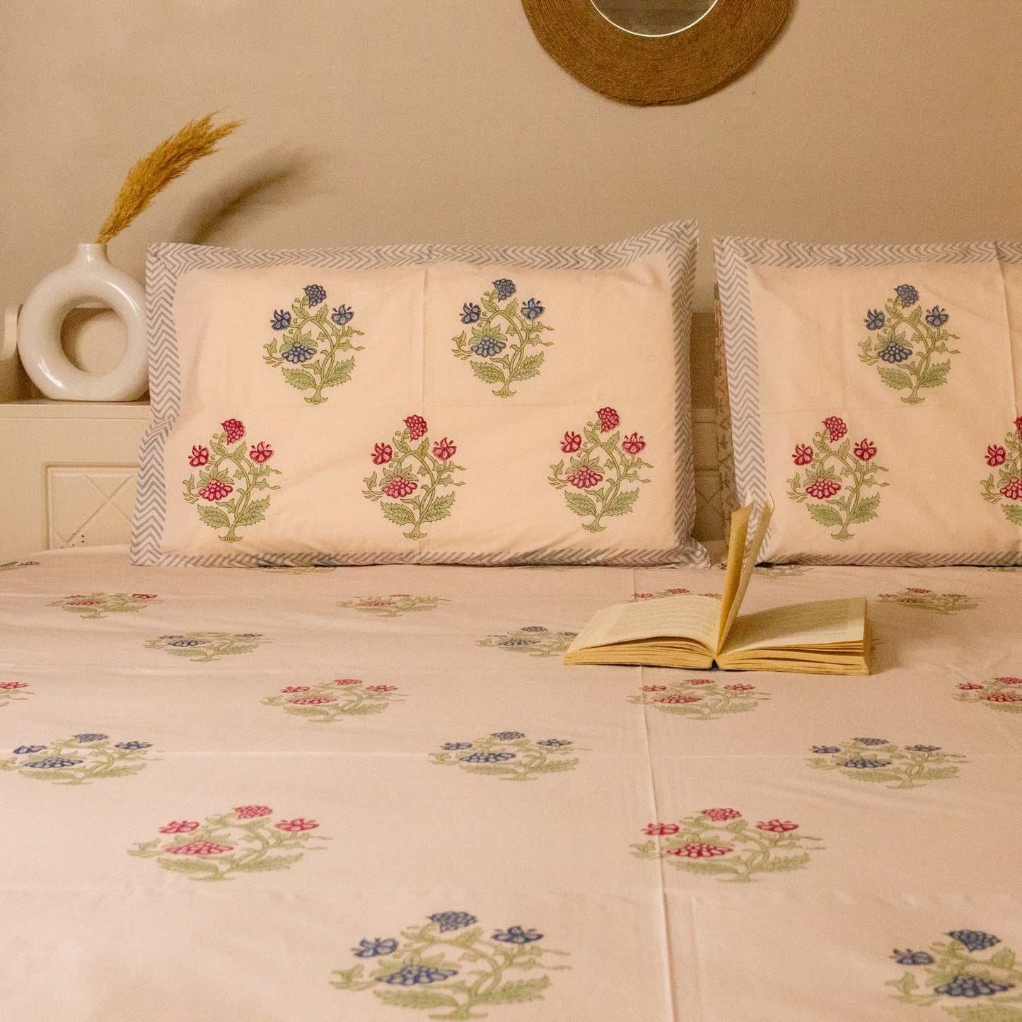 Azure Blossom Hand Block Printed Pink Base Bed Sheet