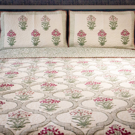 Begonia Hand block Printed & Quilted Bedcover
