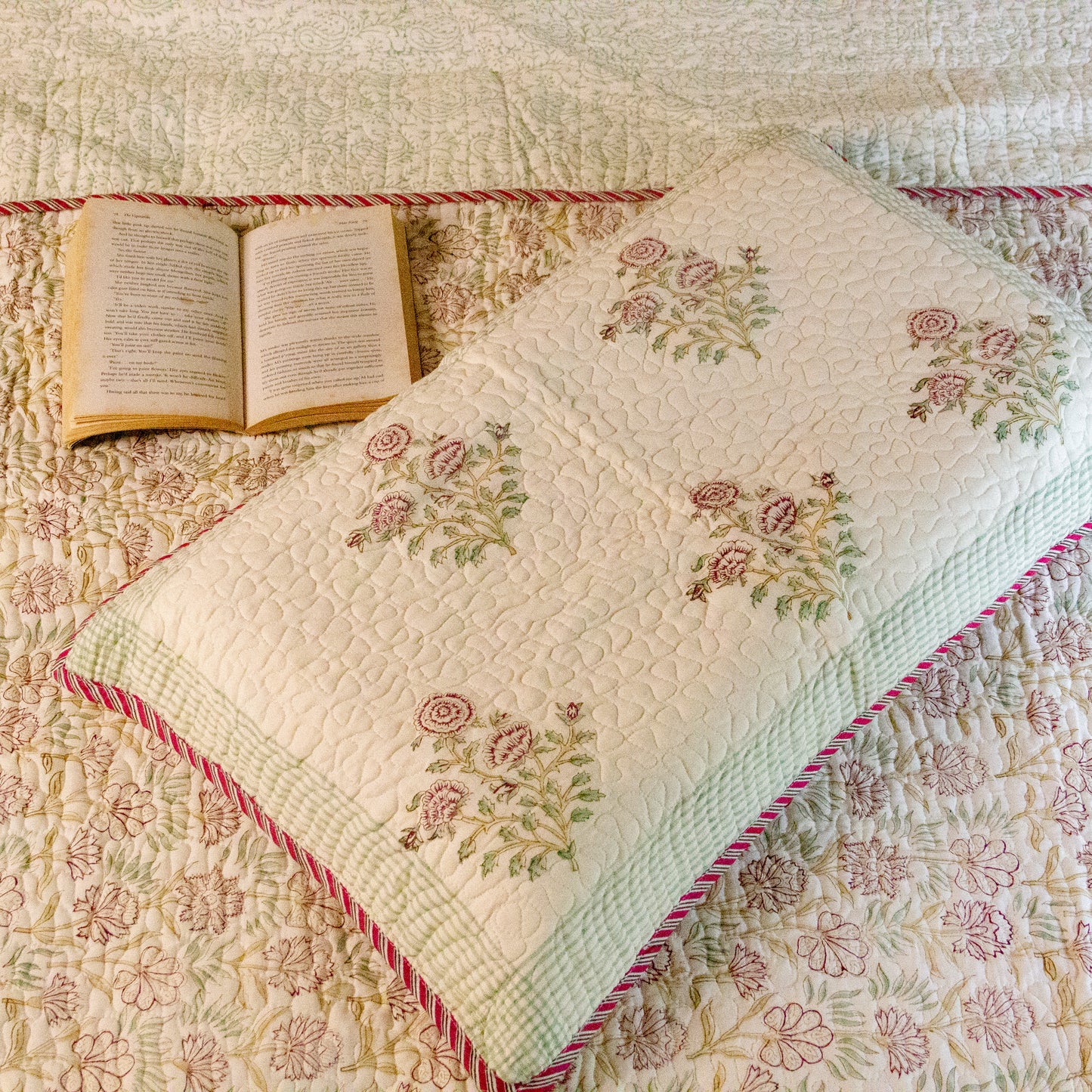 Dahlia White Hand block Printed & Quilted Bedcover