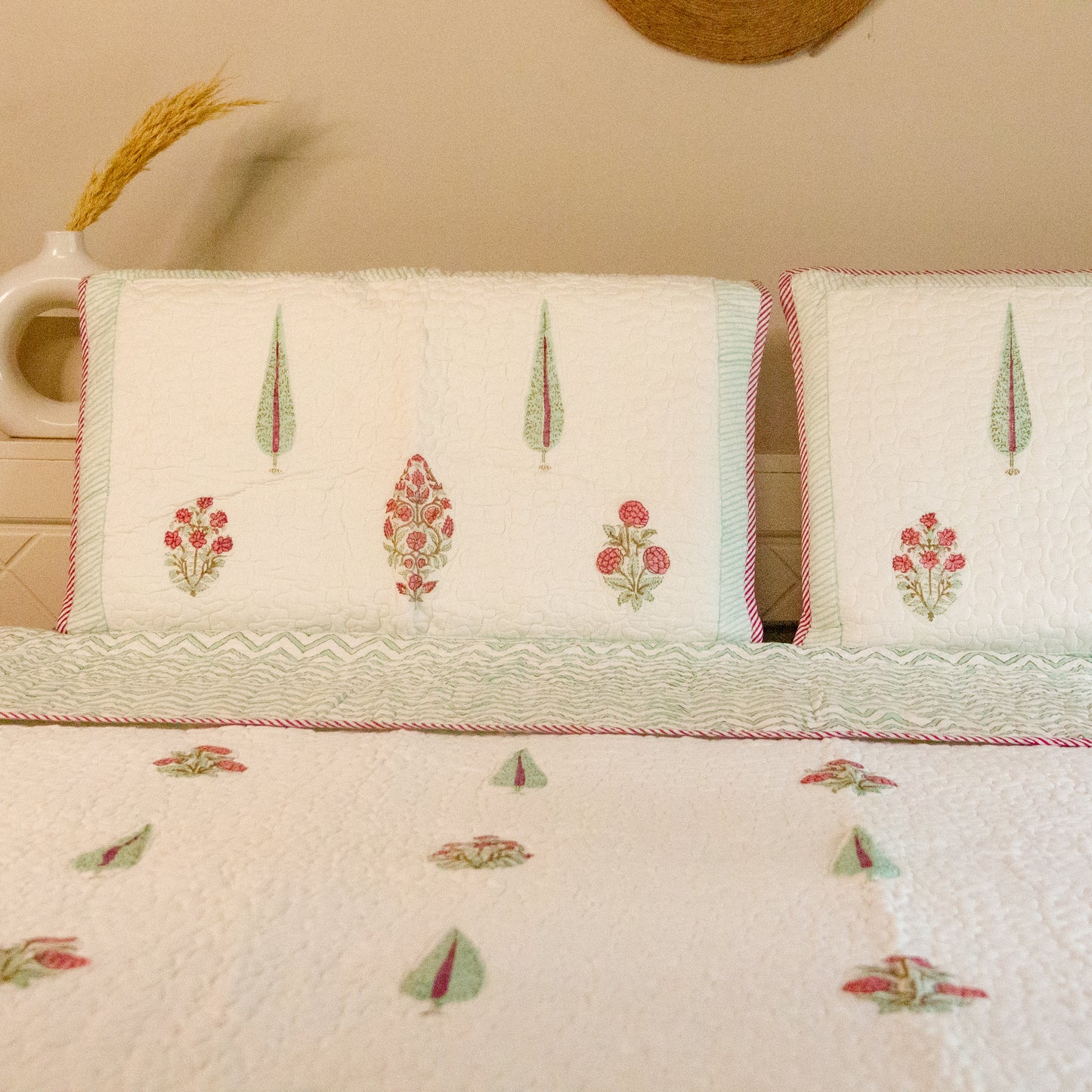 Blossom Delight Hand block Printed & Quilted Bedcover