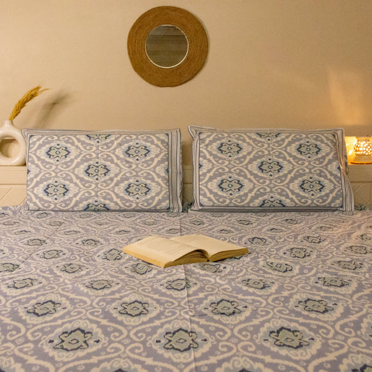 Ikkat Blue Printed Bed Sheets