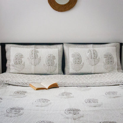 Canopy Grey Hand Block Printed Quilted Bed Cover