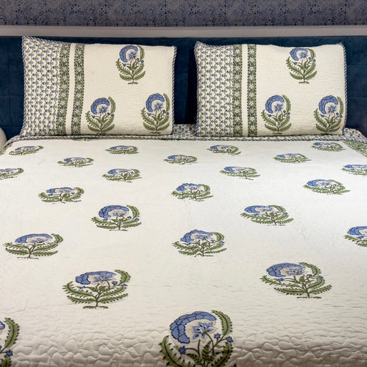 Blue Chrysanthemum Hand Block Printed Quilted Bed Covers