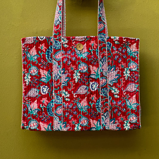 Red Dahlia - Hand block Printed Tote Bag