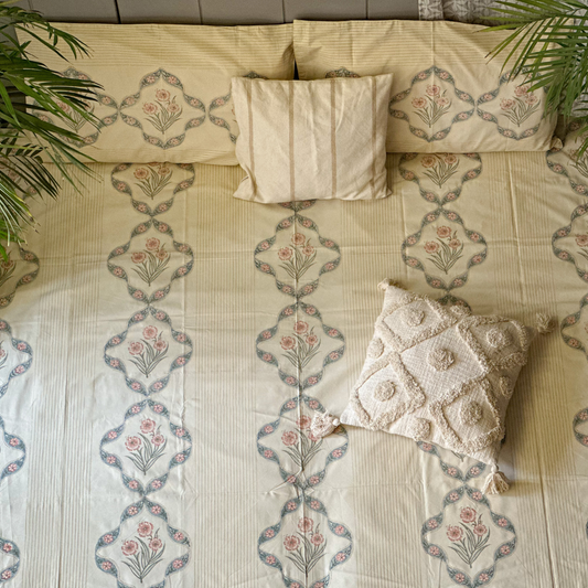 Chrysanthemum Hand Block Printed Beige Bed Sheet