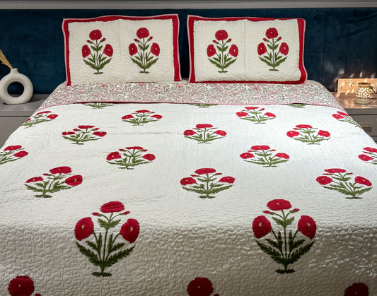 Red Poppy Hand Block Printed Quilted Bed Covers